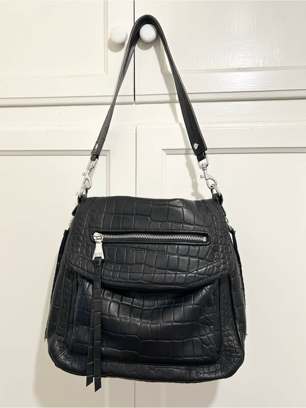 Aimee Kestenberg Black Leather Croc-Embossed Shoulder Bag